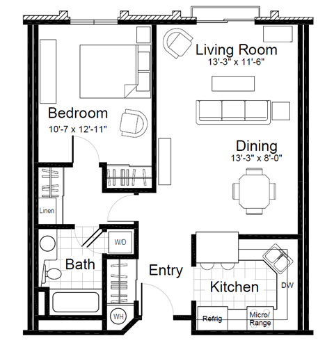 Floor plan for 1 bed, 1 bath, 752 sqft